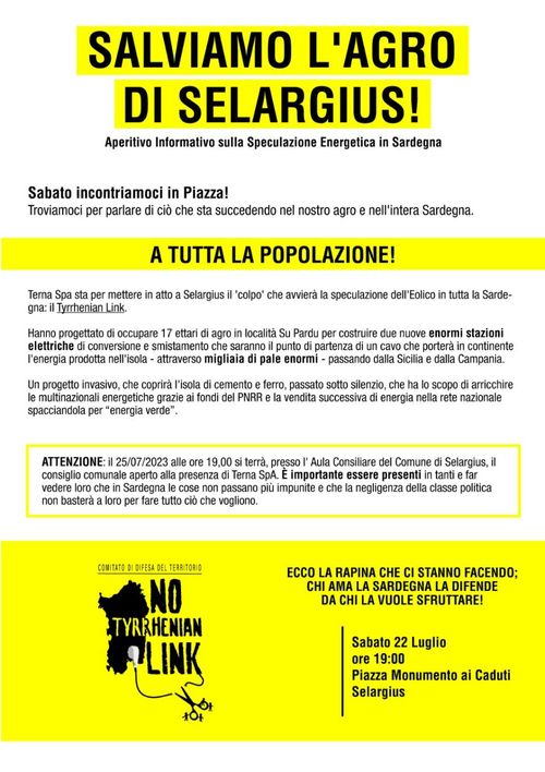 Salviamo l'Agro di Selargius - Aperitivo Informativo sulla Speculazione Energetica in Sardegna 