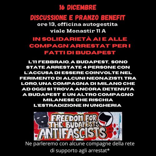 Discussione e pranzo benefit in solidarietà con i/le compagn* arrestat* a Budapest